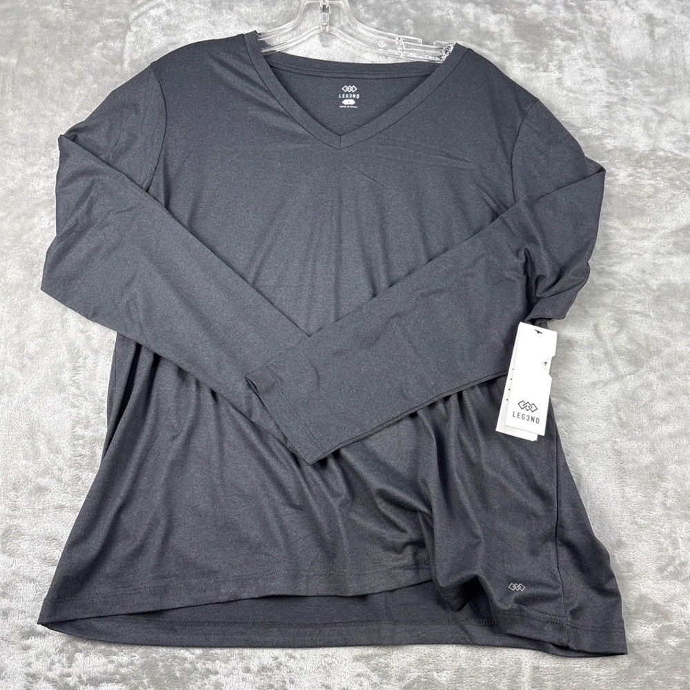 LEG3ND Womens Long Sleeve V-Neck Activewear Top Charcoal Gray Heather Large NWT